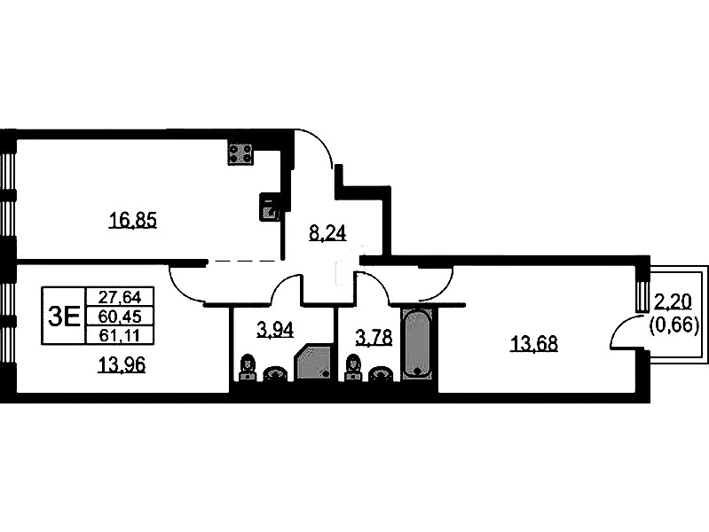 2-комнатная квартира 61.11 м², 14/15 эт., ЖК «Невская Долина»
